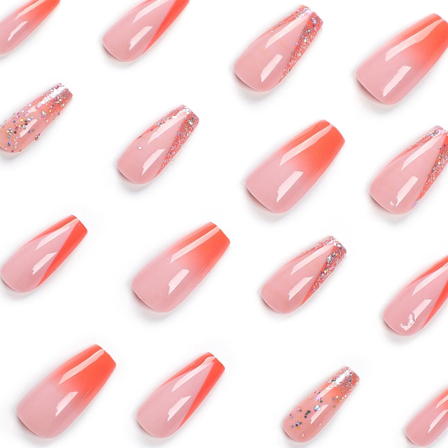 Coffin Press on Nails Medium Light Pink Fake Nails with Glue Orange Gradient Glitter Designs French Glue on Nails Medium Length Pink Full Cover Acrylic False Nails for Women 24 Pcs