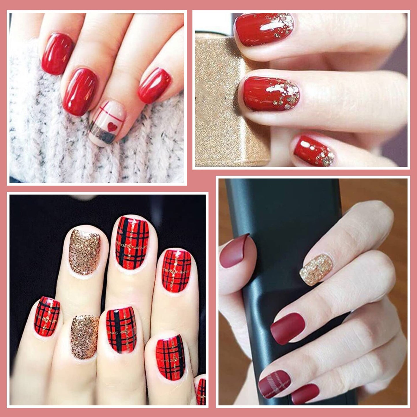 SILPECWEE 16 Sheets Nail Polish Strips Red Plaid Solid Color Nail Wraps for Women Self Adhesive Nail Polish Stickers Gel Nail Strips Fingernail Manicure Sticker Nail Art