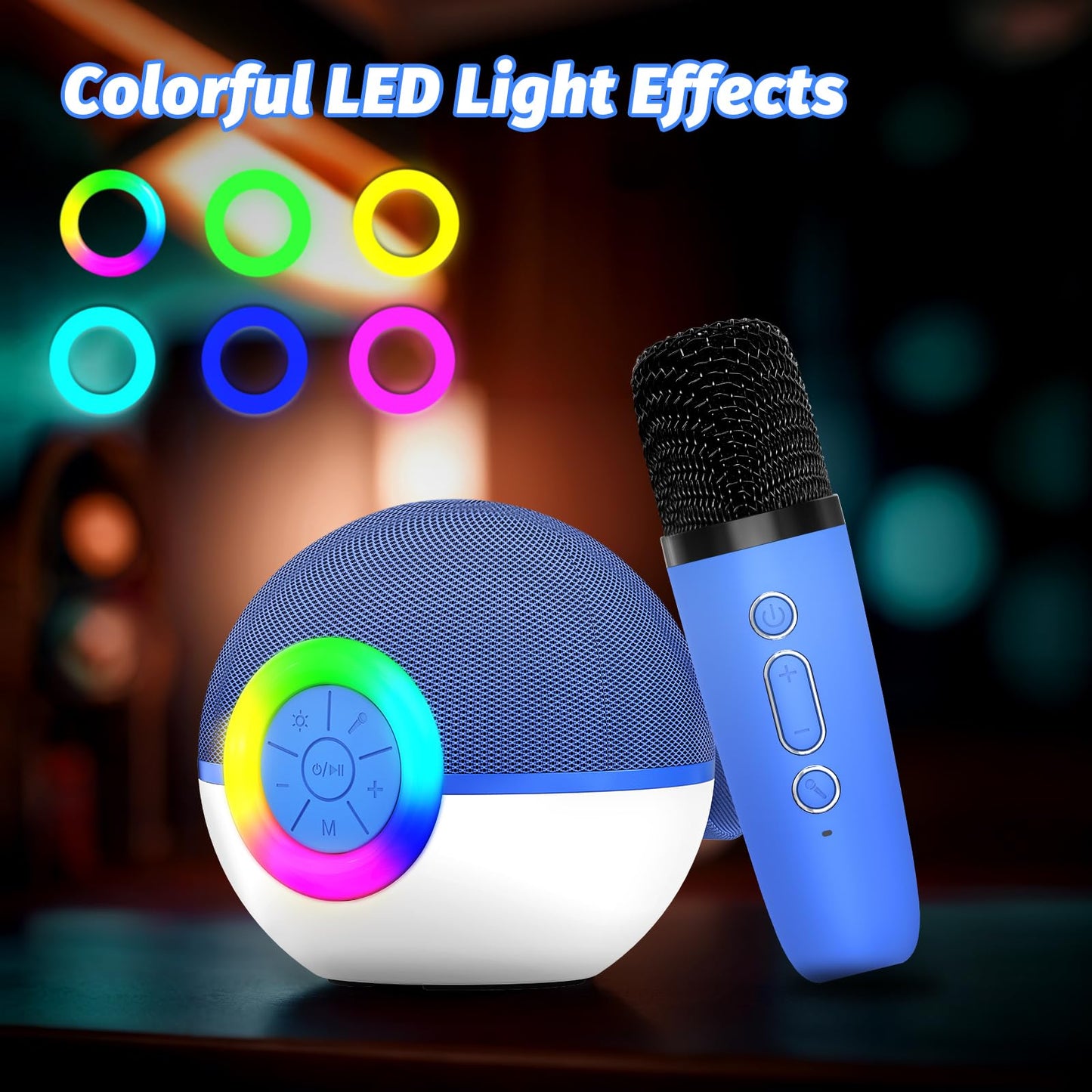 goopow Mini Karaoke Machine Speaker for Kids Adults, Portable Bluetooth Microphone Song Toys with LED Light, Best Chritmas Birthday Festival Gift for 3 4 5 6 7 8+ Year Old Girls Boys (Blue-2MIC)
