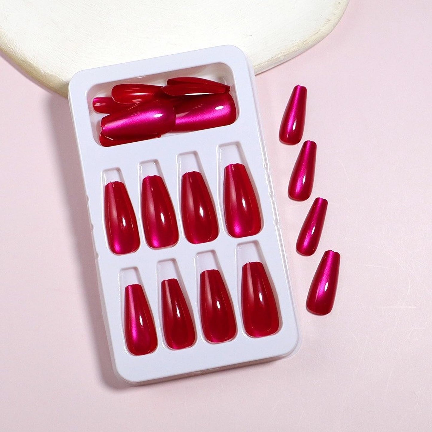 MISUD Press on Nails - Long Coffin Fake Nails with Summer Hot Pink Cat Eye, Acrylic Bling Glitter Design 24 pcs