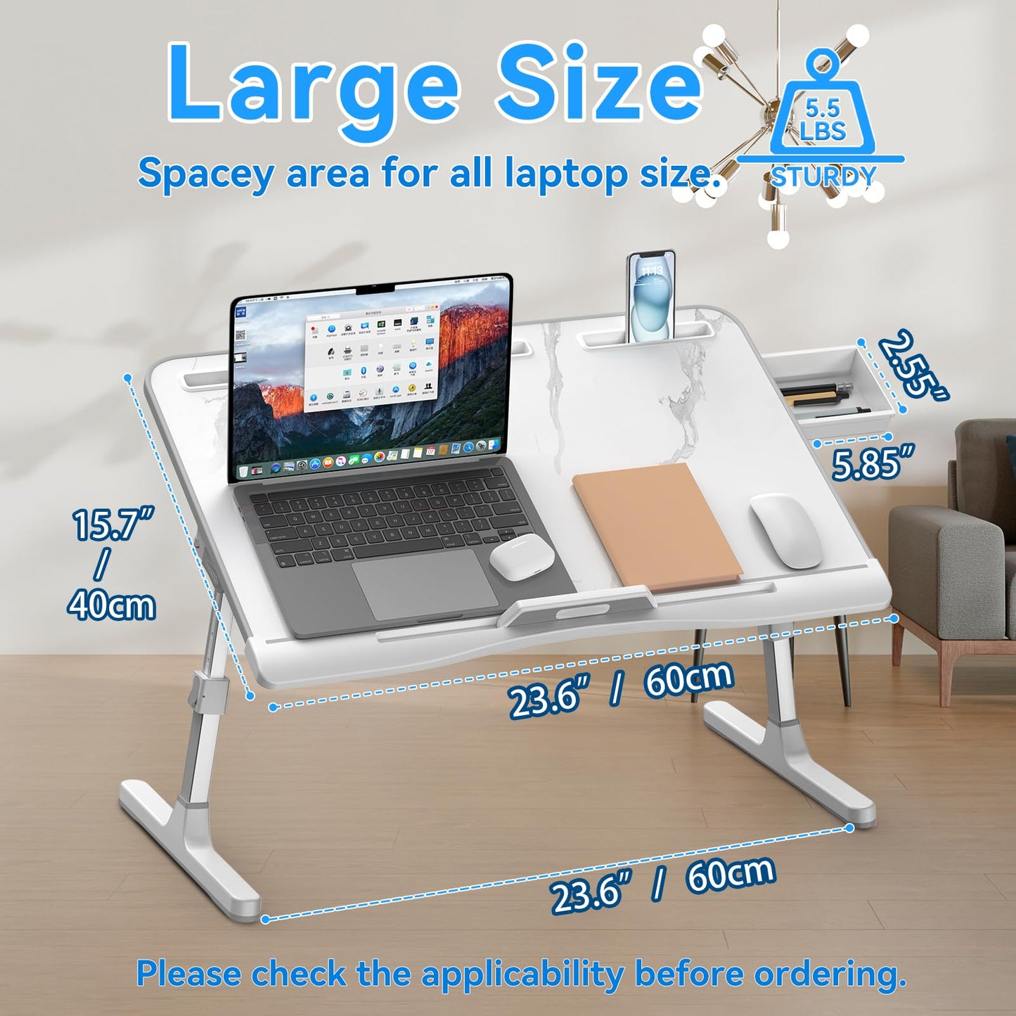 HETTHI Laptop Bed Desk, Adjustable Laptop Lap Desk with Drawer, X-Large Foldable Bed Table Tray for Bed Couch Floor Desk Writing Working Reading Eating Painting (Marble, 23.6"×15.7")