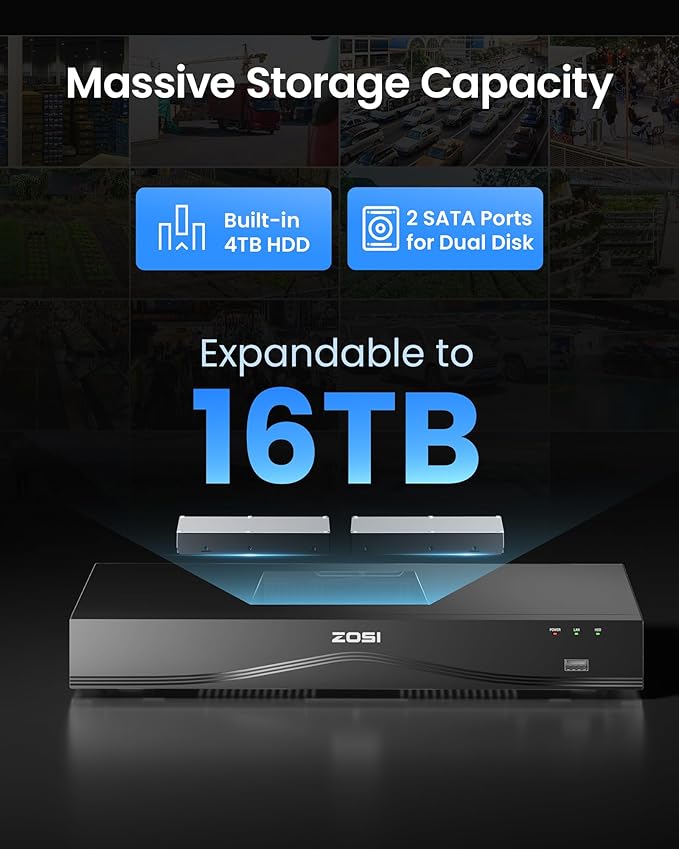 ZOSI C220 4K 8MP 16CH POE NVR Security Camera System (32CH Expandable), 12 x 8MP PoE IP Cameras Outdoor Indoor, 24/7 Recording, AI Human/Vehicle/Face Detection, Two-Way Talk, Night Vision, 4TB HDD