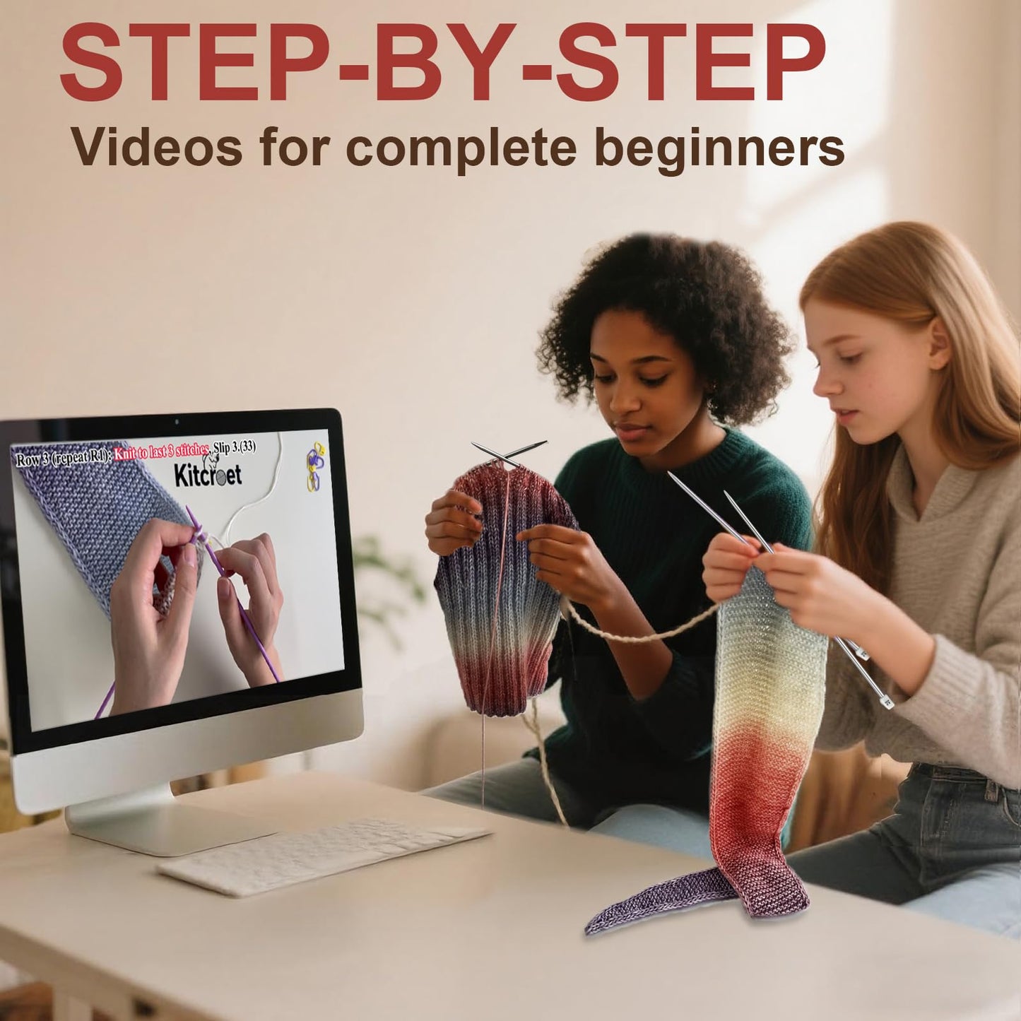 Kitcroet Knitting Kit for Beginners, Complete Beginner Knitting Kit Including Knitting Needles Set, Soft Gradiant Cake Yarn, Learn to Knit Scarf, Beanie, Mittens with Step by Step Video Tutorials