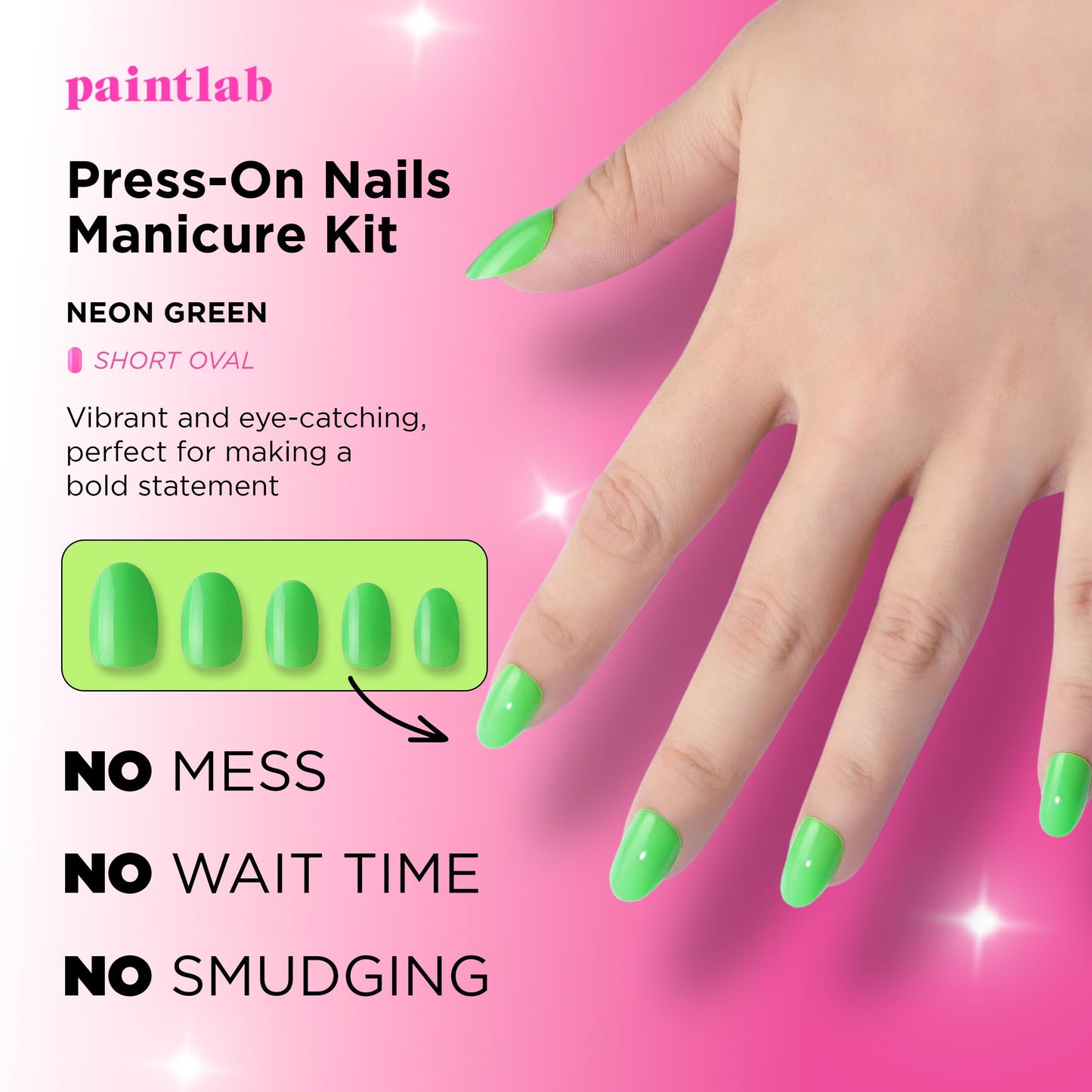 PaintLab Press-On Nails Manicure Kit, Neon Green Oval, 30-Piece Set, Long-Lasting Fake Nails with Glue, File, Prep Pad & Cuticle Stick