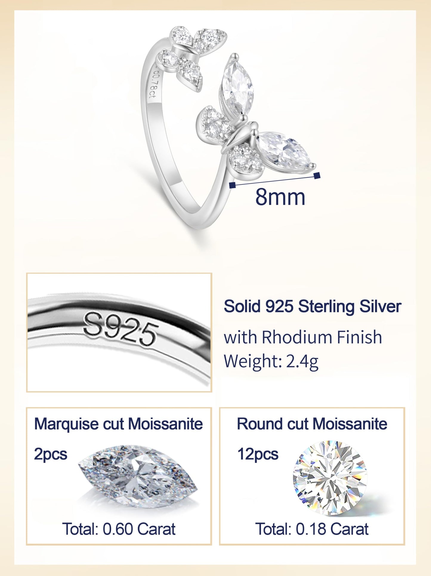 CYW Moissanite Butterfly Ring Sterling Silver Adjustable Womens Stacking Open Rings Size 9