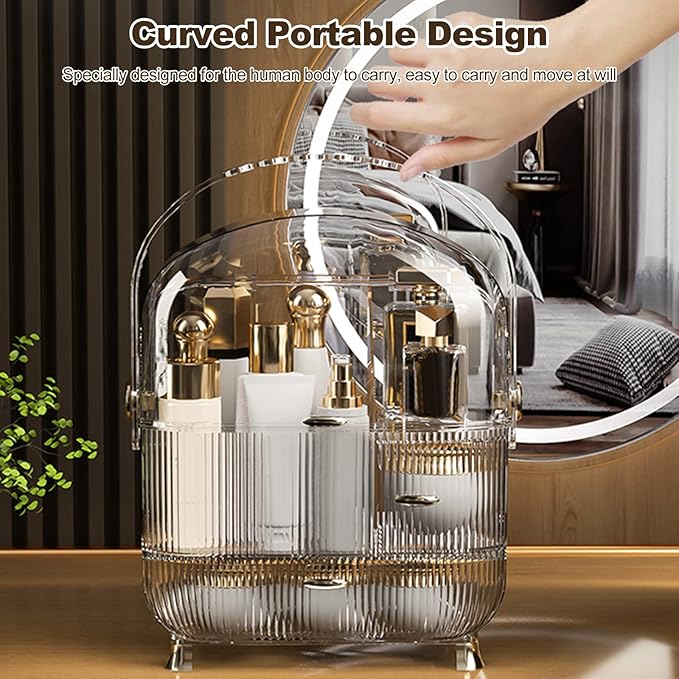 Ergocar Galatée Portable Retro Series Multi-Function Make Up Case Dustproof Cosmetic Storage Box,Cosmetics Skin Care Products Jewelry Organizer Finishing Box - High Transparency + Lipstick