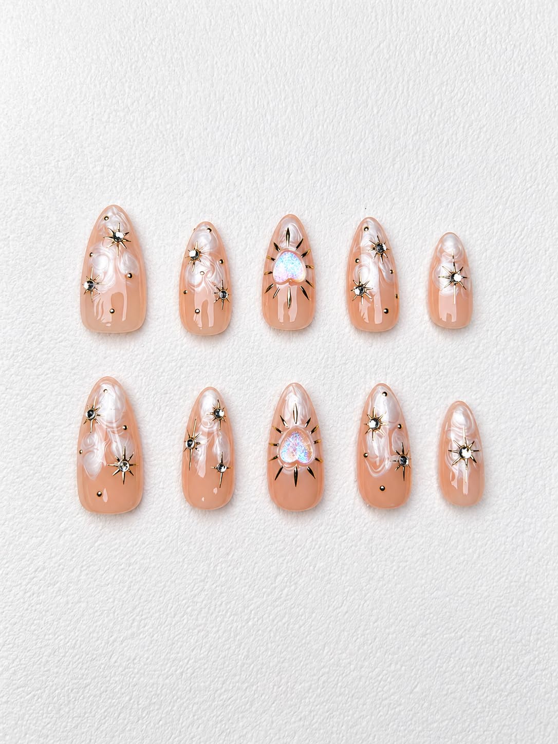 ECLALE Press on Nails Almond Shape, Rendering Painting Design 3D Sun & Star Design with Glittery Heart, Long Lasting, Safe Material Reusable Artificial Almond False Nails for Women 10PCS (S)