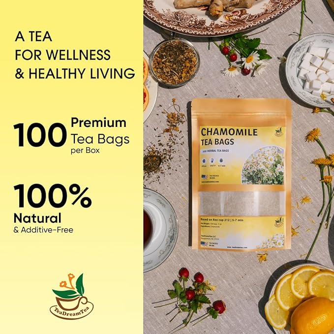 Chamomile Tea Bags - 100 Bags (Premium Natural Pure Leaf Tea - 100 Count) Gluten-Free and Caffeine-Free Herbal tea for Relaxation, Wallness, Immune Support with Smooth Taste