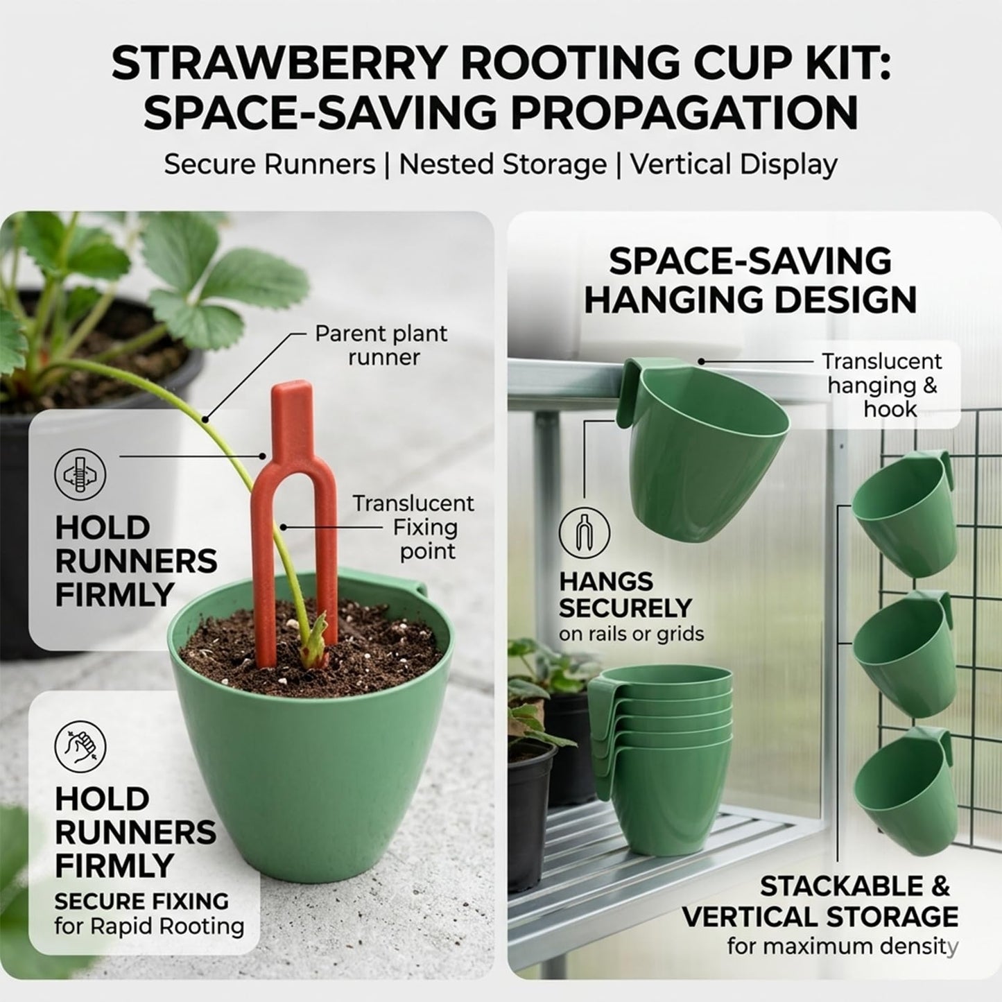 Strawberry Rooting Cup Kit with 20 Forks, Strawberry Propagation Cups, Space-Saving Hanging Design, Plastic Planter for Garden, Greenhouse, and Balcony (Large,green10pc)