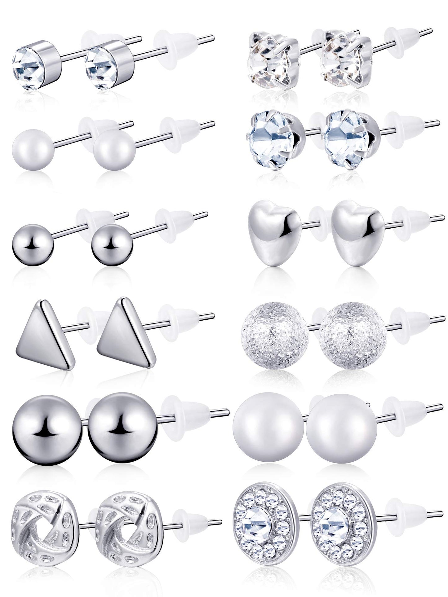 BBTO 24 Pairs Stud Earrings Crystal Pearl Earring Set Ear Stud Jewelry for Women Men(Sliver)