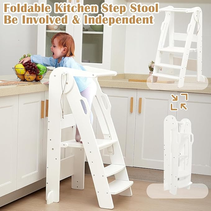 FUNLIO Foldable Kitchen Step Stool for Kids 2-6 Years, Montessori Step Stool, 3-Level Height Adjustable Standing Tower, Easy to Assemble, CPC & CE, White