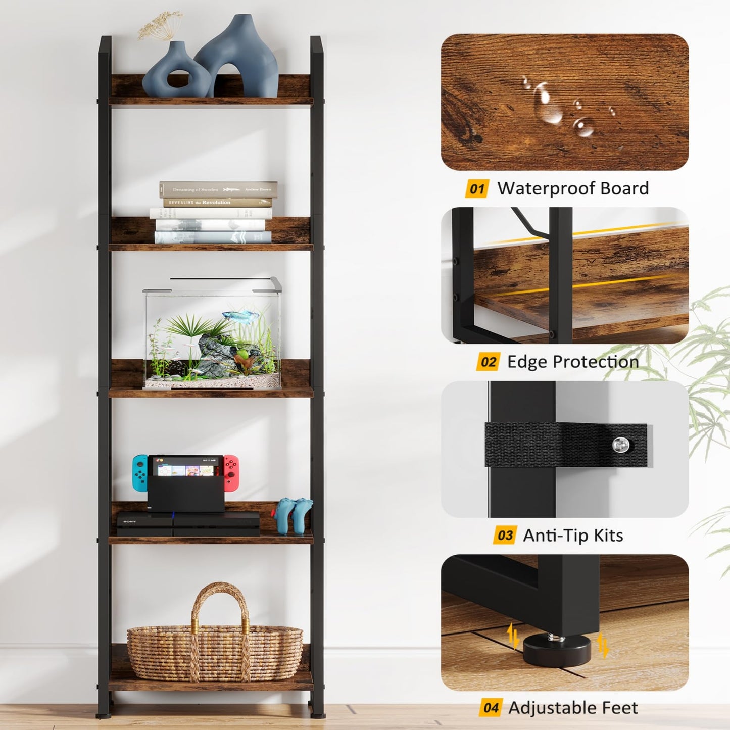 Hosfais 5 Tier Tall Bookshelf: Industrial Wood Book Shelf with Edge Protection Metal Narrow Bookshelf Bookcase Storage Organizer Display Rack for Living Room Home Office (Rustic Brown)