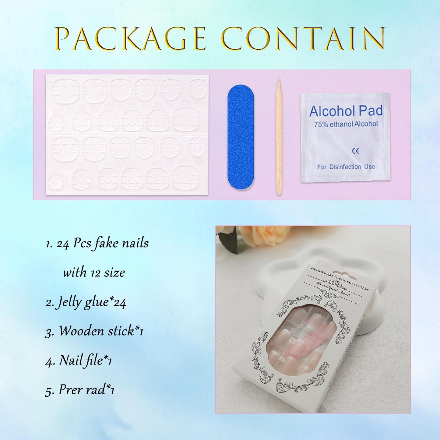 Short Press on Nails Square Nude Ombre Fake Nails Press ons White Glue Stick on Nails with Designs Full Cover Acrylic Glossy Artificial Cute False Nail for Women Girls 24 Pcs