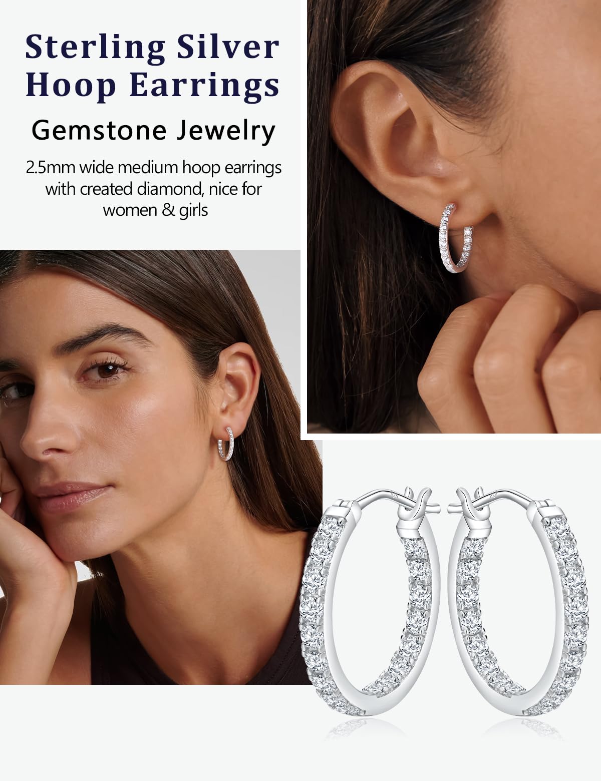 RANDES 925 Sterling Silver Hoop Earrings 20mm Cubic Zirconia Cz Earring Hoops for Women Trendy 2.5 Carat Round Cubic Zirconia Wedding Earrings