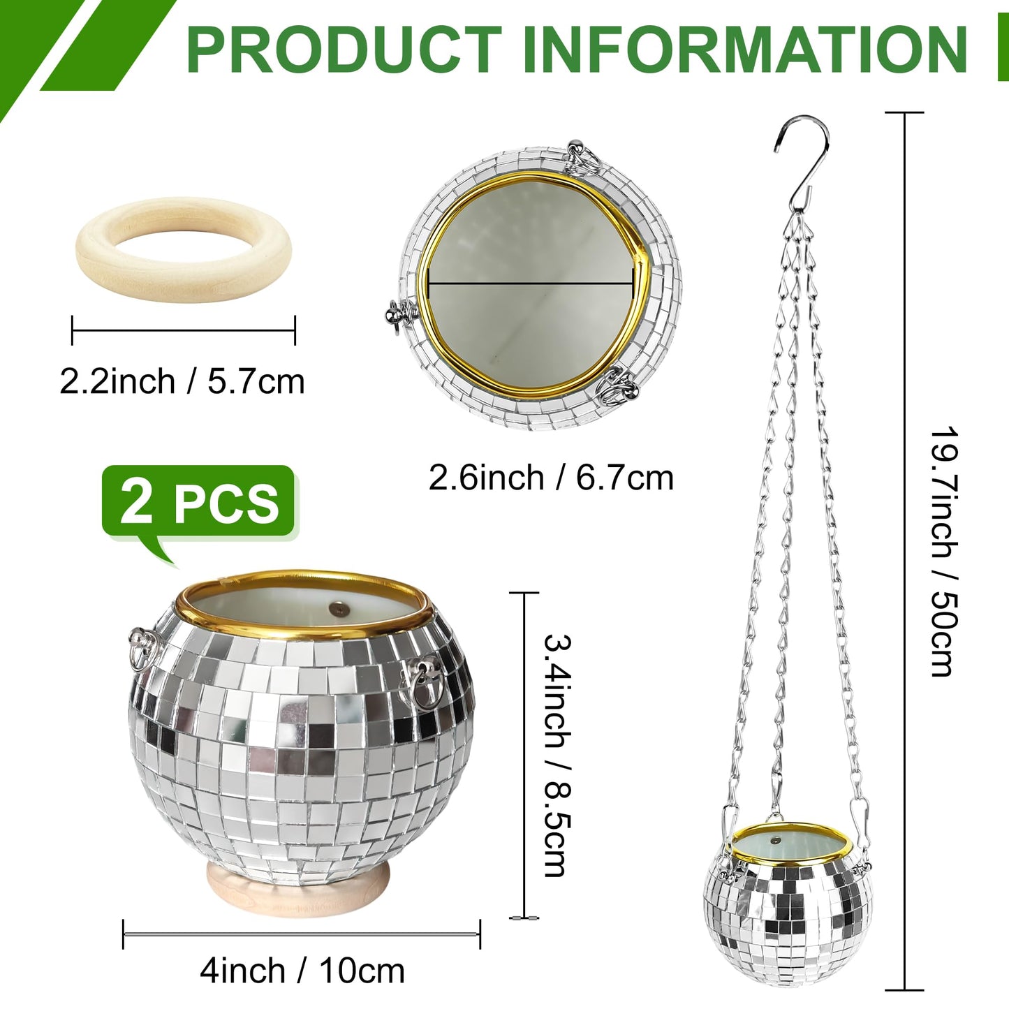 Axigundaone 2 Pcs Disco Ball Hanging Planter, 4 Inch Mirror Disco Ball Planters with Chain,Small Mirror Planter Hanging for Window, Desk