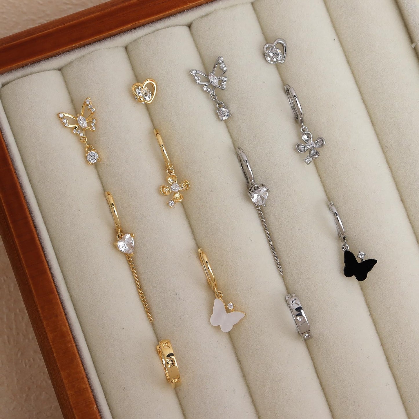 Frigotine Silver Butterfly Heart Small Hoop Stud Earrings Stack Set for Women, Dainty Sparkly Rhinestone Crystal Drop Multiple Piercing Cartilage Huggie Earing Holiday Prom Fashion Jewelry Gift