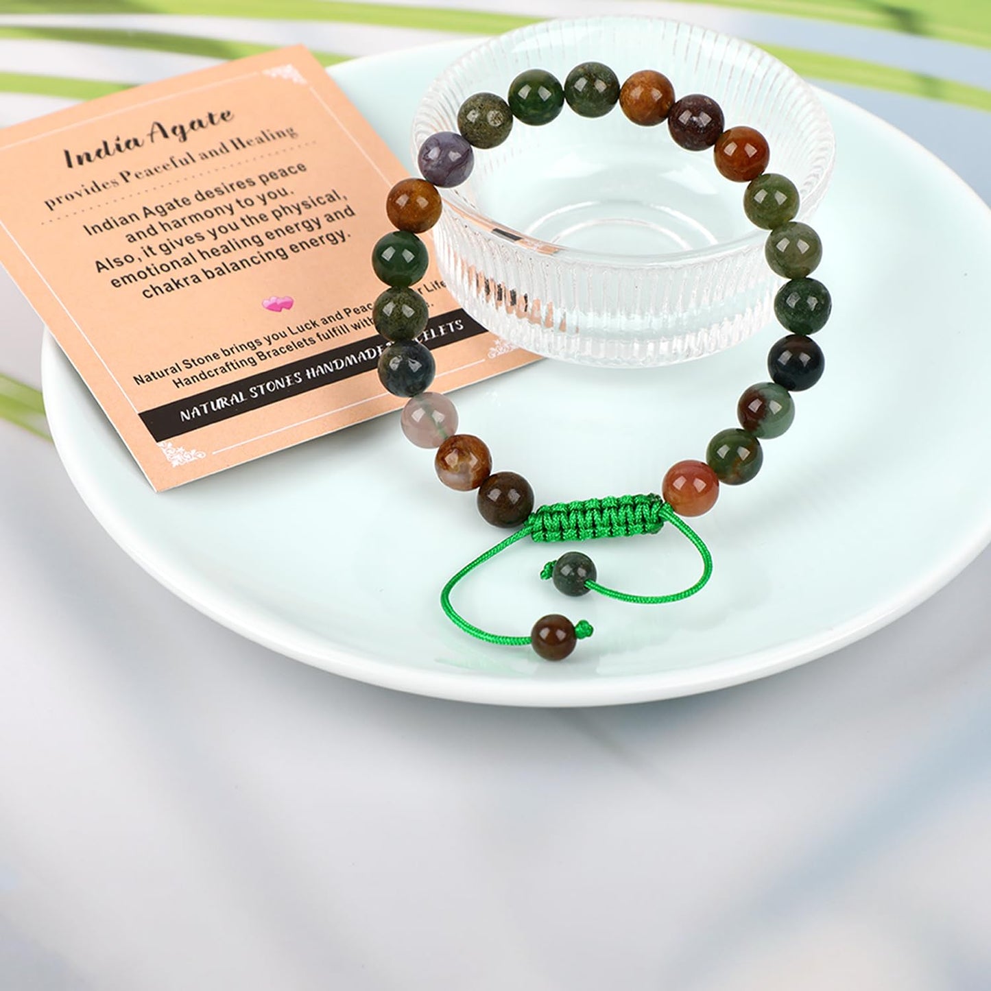 AD Beads 8mm India Agate - Peaceful - Handmade Natural Stone Crystal Bracelet with Adjustable Macrame String - Yoga Healing Power Energy Gifts for Men and Women