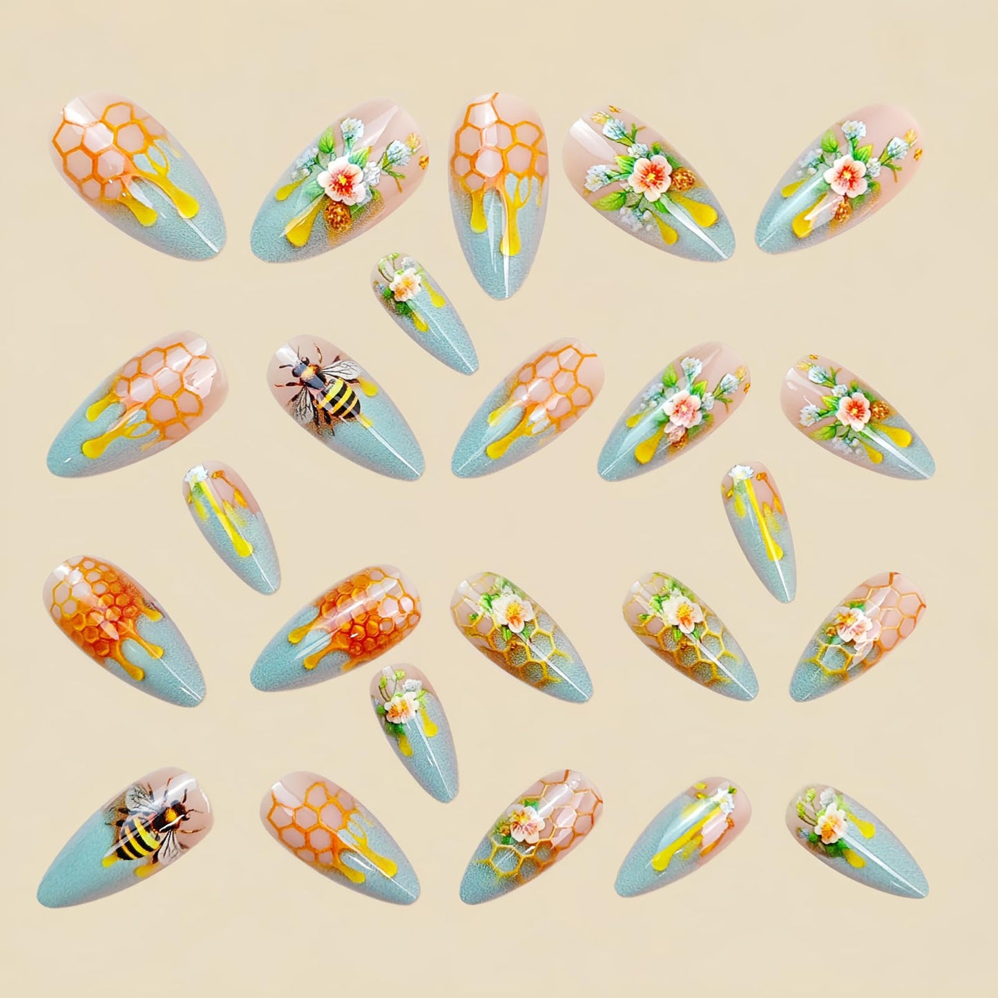 Long Almond Press on Nails Yellow Bees Honeycomb Honey Fake Nails Flower Glossy Stick on Nails Artificial Acrylic False Nails for Women Nail Art 24Pcs