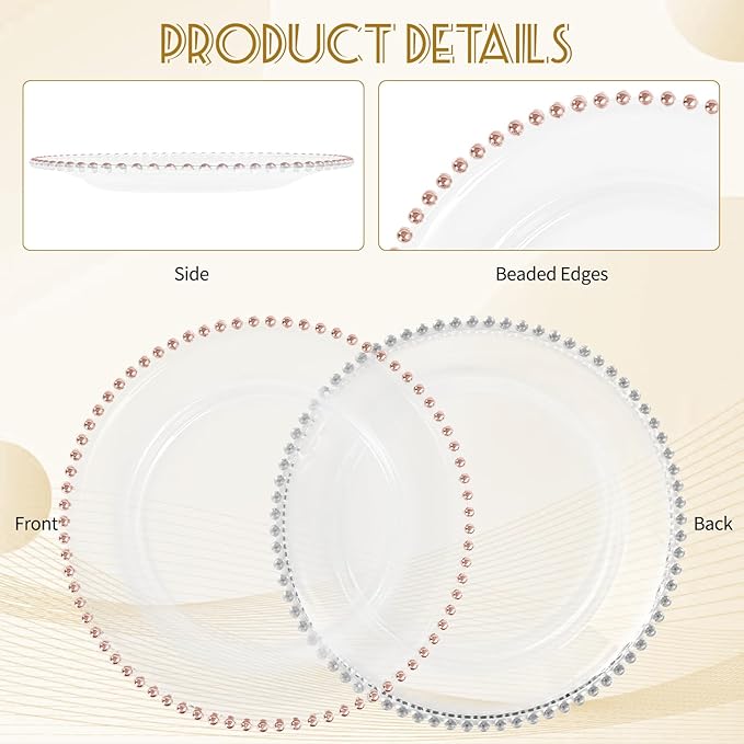 24 PCS Clear Round Charger Plates with Beaded Rim, 13 Inch Plastic Acrylic Plate, Plastic Round Beaded Dinner Decorative Service Plates for Wedding Party Event, Home Kitchen Tabletop(Pink)
