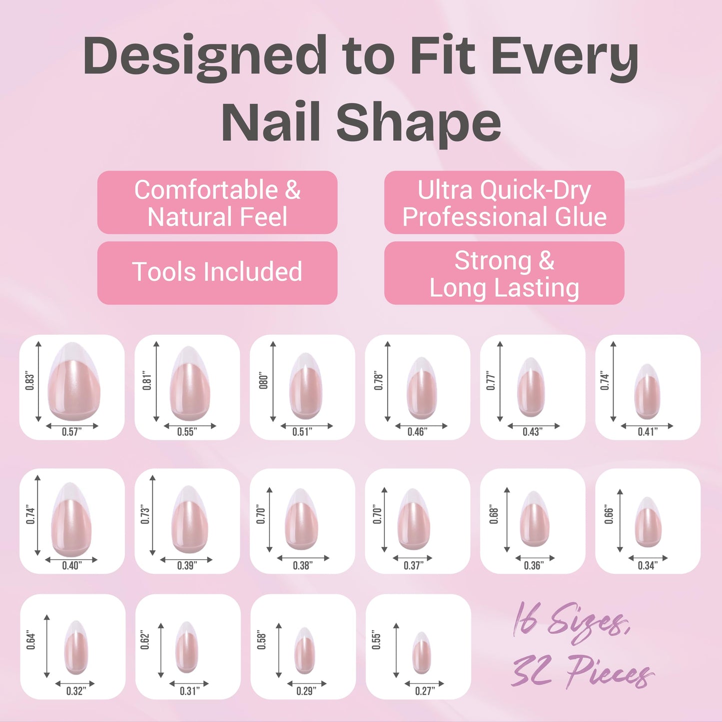 RPNZL Press On Nails - Pearl | Bubble Bath Medium Almond Fake Nails With Pearl Design, Reusable Salon Quality | 32 Nails, 16 Sizes Kit with Glue and Adhesive Tabs I Female Founded