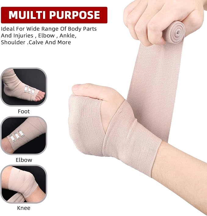 FRESINIDER Elastic Bandage Wrap 8 Pack(4 X 3 + 4 X 4 Wide Rolls) + 48 Clips | Stretch Compression Bandage Stretches up to 15ft | Ideal for Medical, Sports, Sprains, Calf, Ankle & Foot