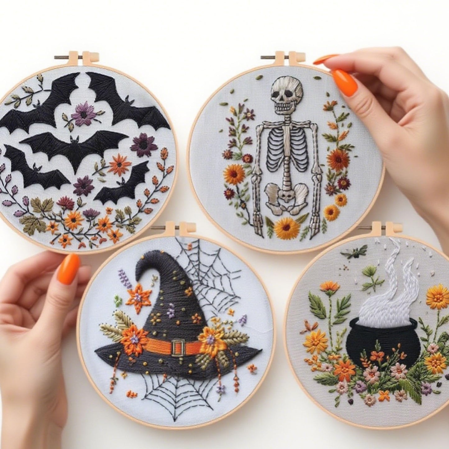 4 Set Halloween Embroidery Kit, Halloween Crafts for Adults, DIY Cross Stitch Craft Kit, with Needles and Thread Included (# A)