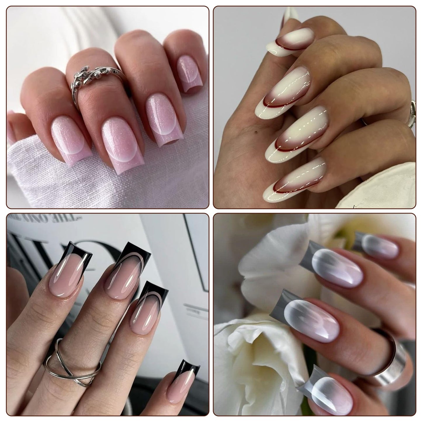 IDDFEVE 6 Sheets Gradient French Line Nail Art Stickers - Self-Adhesive Curved Stripes Nail Decals, French Tips Guides Designs for DIY Manicure (3 Colors)
