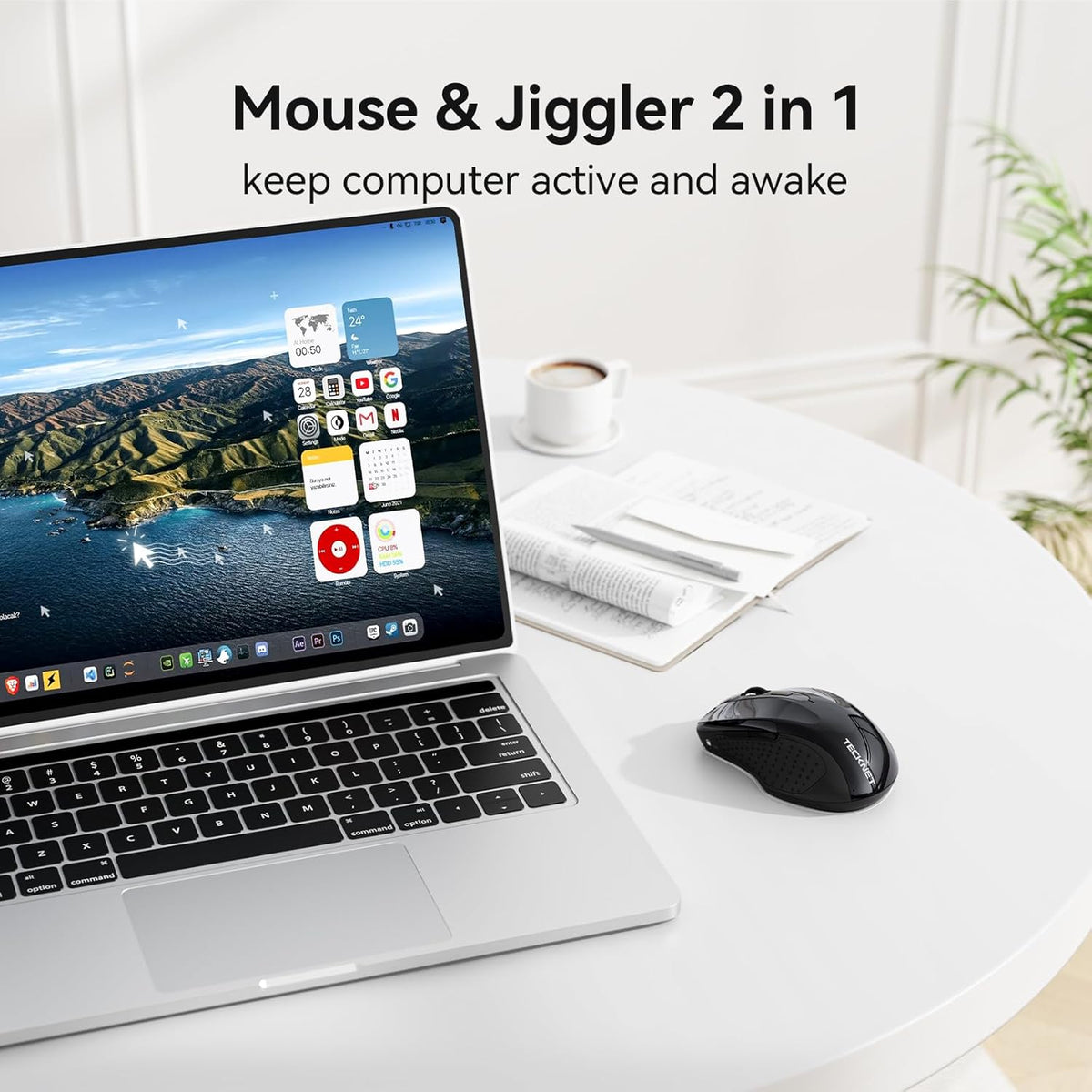 TECKNET Rechargeable Jiggler Wireless Mouse (BT5.0/3.0 & 2.4G) 4800 DPI Silent USB A & Bluetooth Mouse 6 Buttons, Wide Compatibility - Black