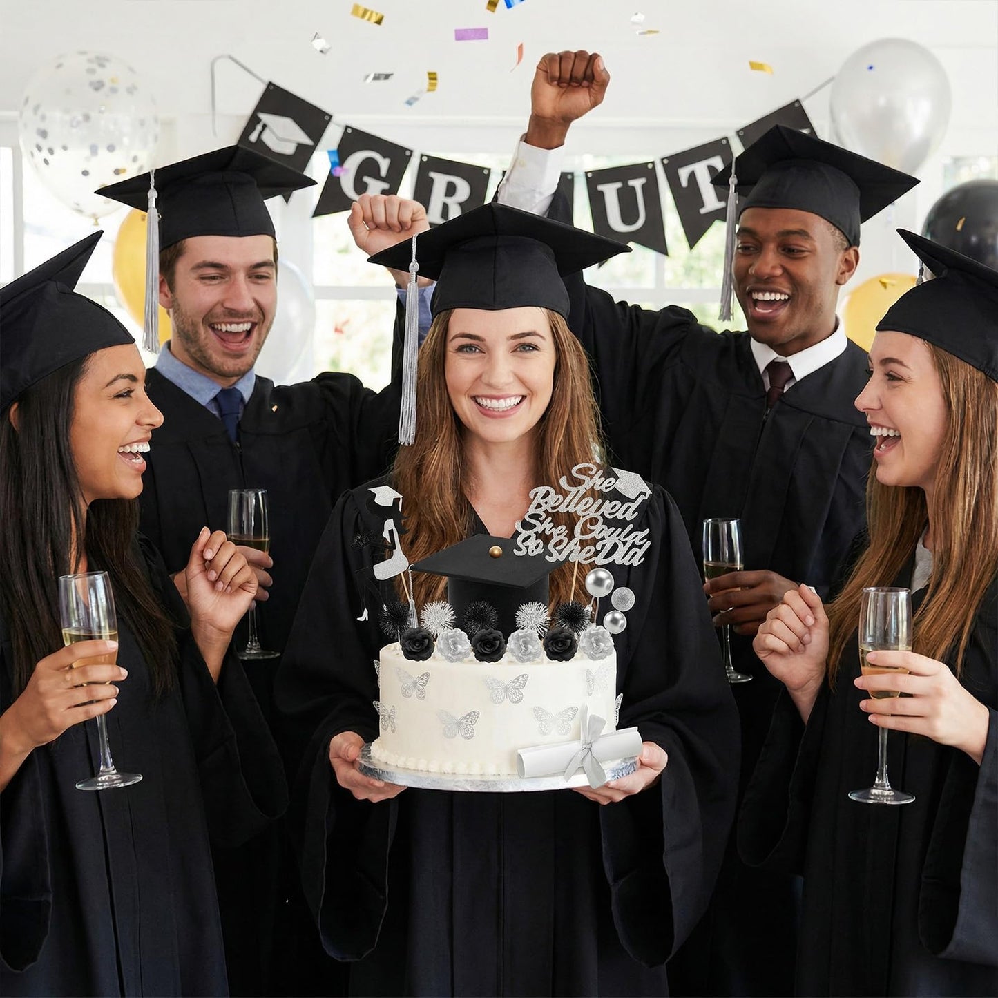 Heliltd 40PCS Graduation Cake Topper Set Black and Silver, Graduation Cake Decorations Kit with Cap Diploma Butterfly Ball Picks Flowers Firework Toppers Girl Silhouette for Class of 2026 Party