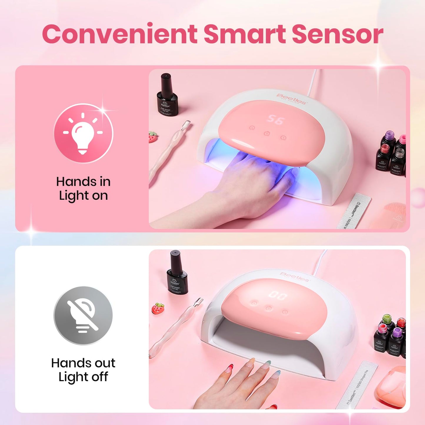 Beetles Motion Glow Nail Tips, 160PCS 16 Sizes Short Almond Cat Eye Magnet Soft Gel Blossom & UV LED Nail Lamp, Candy White 30/60/90s Timer Countdown Smart Sensor Dryer
