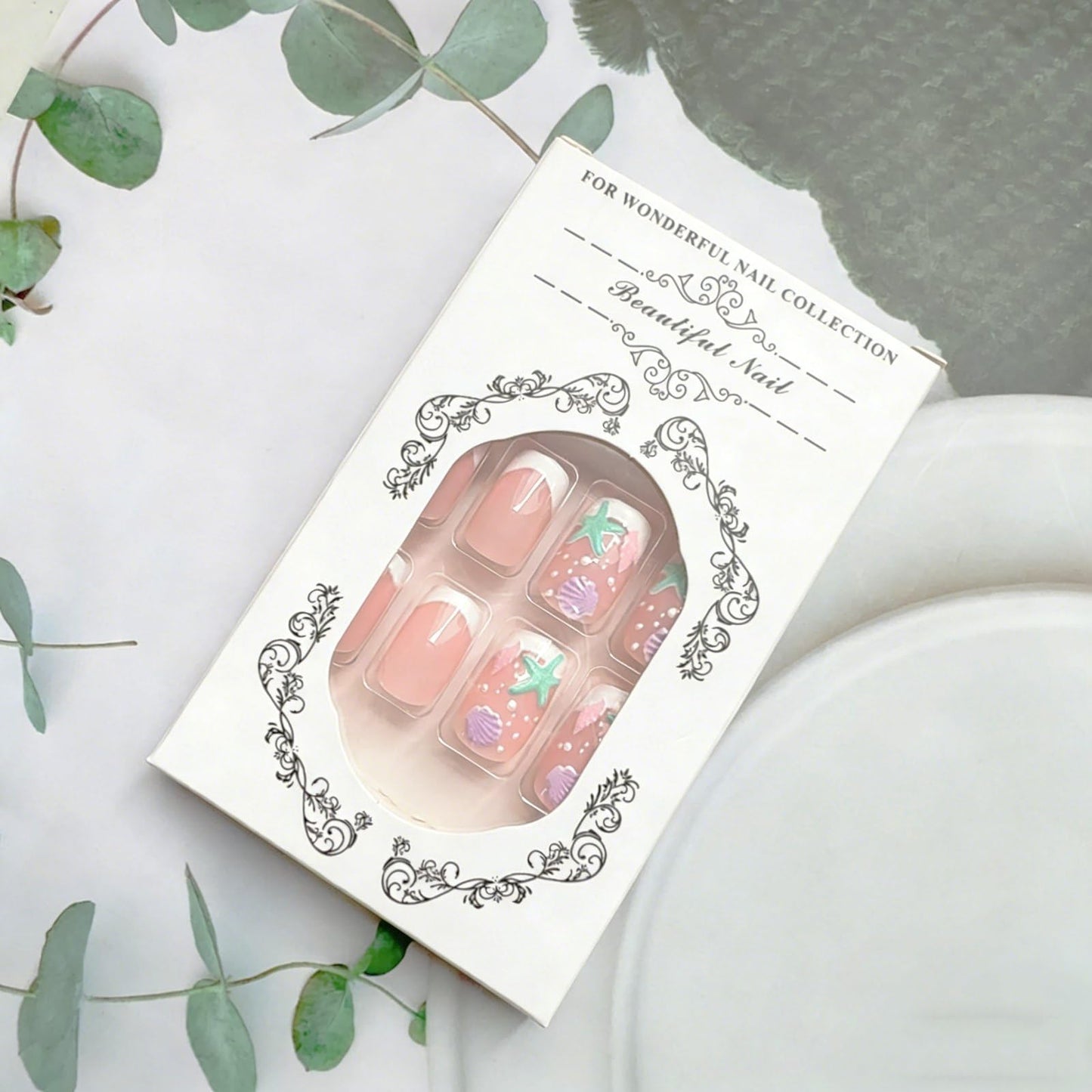 French Tip Press on Nails Summer Fake Nails Spring Medium Square False Nails with Shell Conch Starfish Bubbles Design Sea Beach Artificial Nails Full Cover Glossy Stick on Nails for Women Manicure