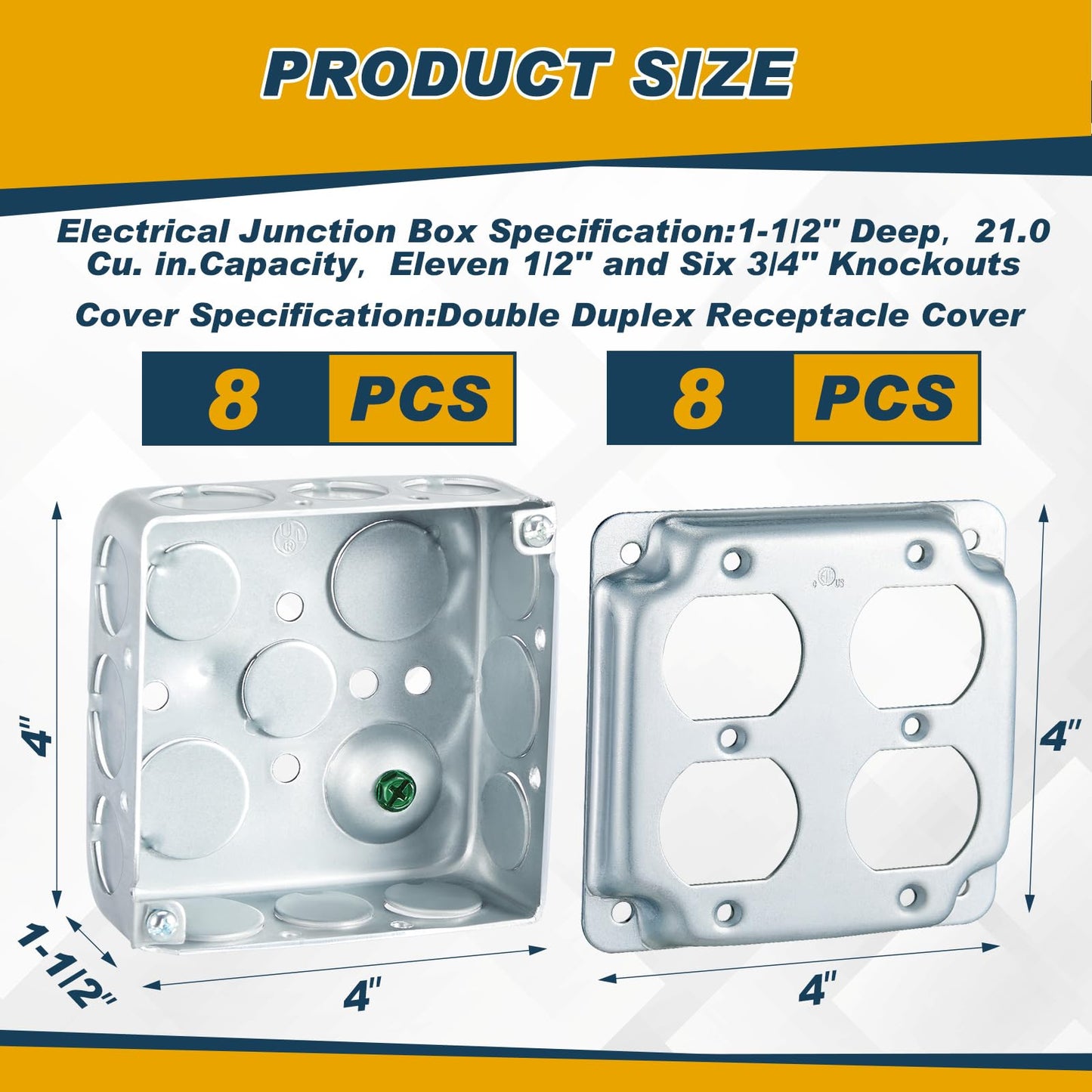 Copkim 8 Set 4 × 4" Electrical Junction Box with Cover Electrical Metal Outlet Box, 21.0 Cu. in. Capacity Receptacle Exposed Work Cover, 1-1/2'' Deep (Double Duplex Receptacle)
