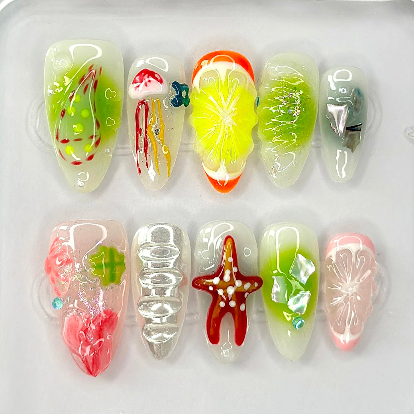 Luxury Press on Nails Medium Almond Handmade 3D Unique Reusable ABS Material Fake Nails French Tip False Nails with Designs Fruit Starfish Art Glossy Glue on Nails Thick Acrylic Nails(M)