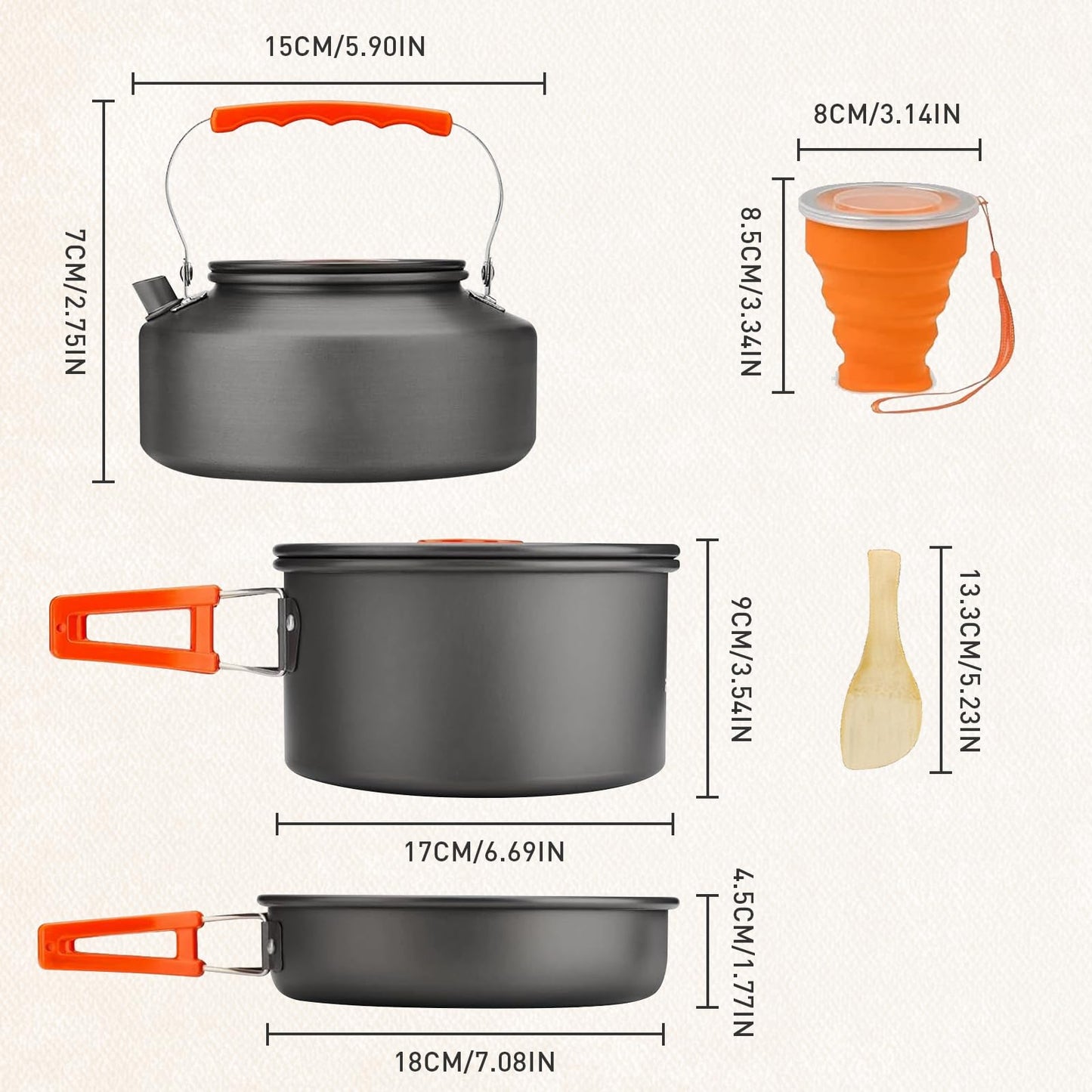 Camping Cookware Camping Cooking Set, Non-Stick Hard-Anodized Aluminum Pot & Pan with Kettle, 2 Forks Knives Spoons, 2 Plates & Folding Cups, Compact Backpacking Cookware for 2-3 People, Camping Gift