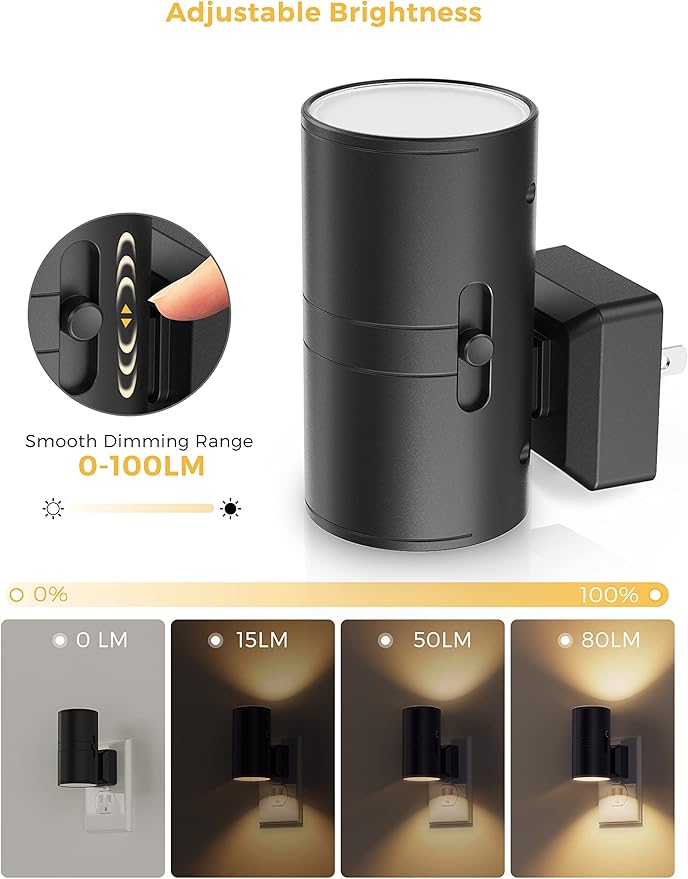 L LOHAS LED Night Light Plug in, 4 Pack, Dimmable Night Lights Plug into Wall, Light Sensor Nightlight, Soft White 3000K with Black Shade, Plug in Nightlights for Hallway Bathroom Kitchen Bedroom
