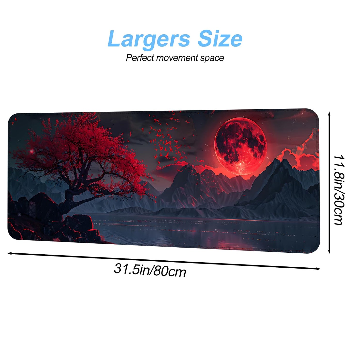Red Moon Mouse Pad XXL – Large Gaming Desk Mat with Dark Mountain Landscape & Sakura Tree, Extended Mousepad with Non-Slip Base for Office, Gamer Setup,31.5 x 11.8 in