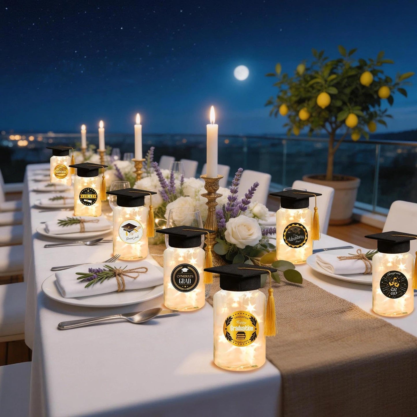 12 Pack Graduation Table Decoration Set, 2026 Grad Jar Table Centerpieces, Includes Black Felt Grad Hat, LED Lights, Stickers and Tracing Paper for High School and College Graduation Party Supplies
