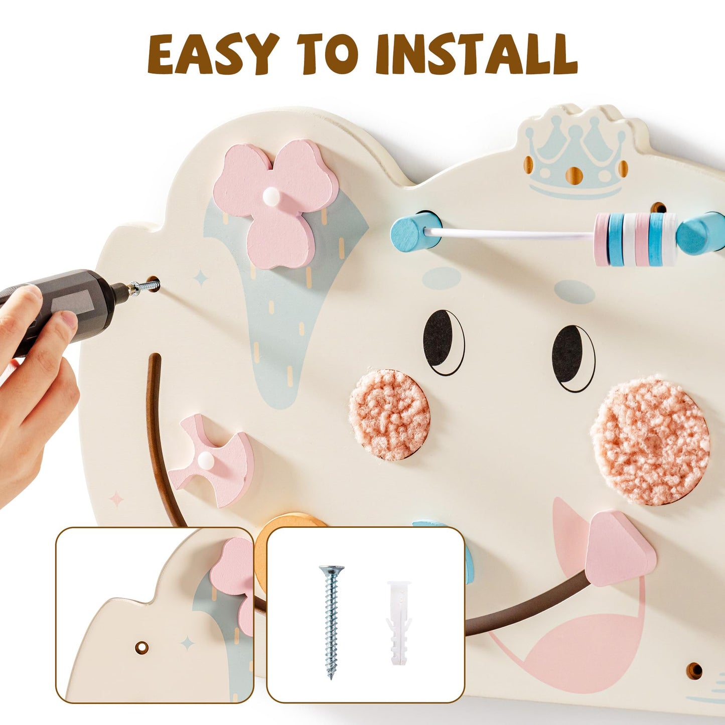 ROBUD Elephant Montessori Busy Board, 12-in-1 Activity Wall Busy Board, Montessori Sensory Wall Panel for Boys & Girls, Toddler Learning Activity Center for Playroom, Nursery, Beige
