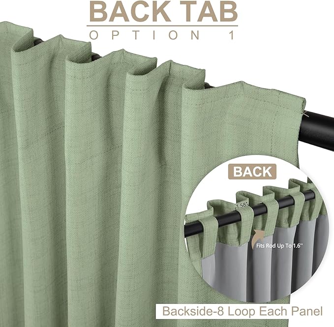100% Blackout Shield Linen Blackout Curtains for Bedroom 96 Inches Long, Back Tab/Rod Pocket Living Room Drapes, Thermal Insulated Blackout Curtains 2 Panels Set, 50" W x 96" L, Sage