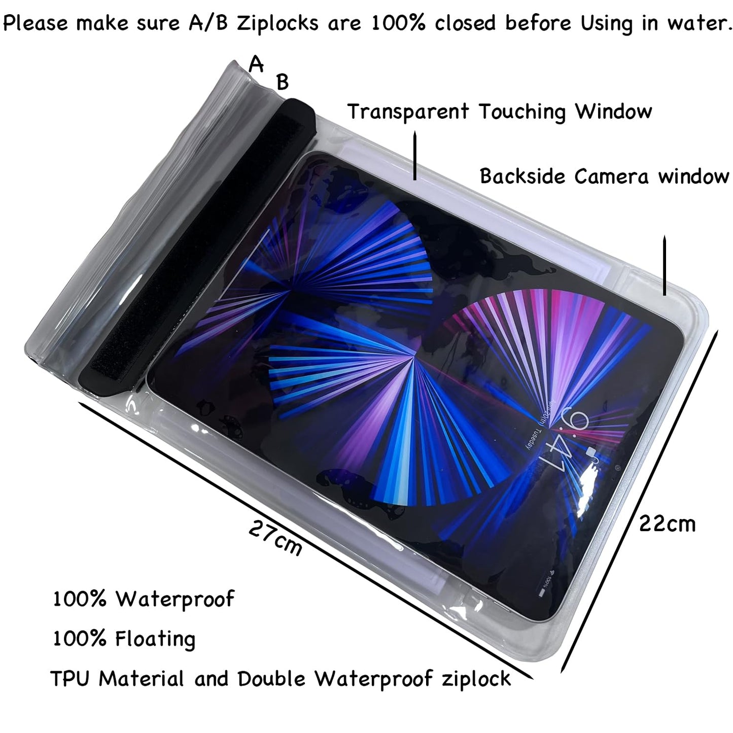 EMSEEK Floating Waterproof Tablet Case eReader Cover Bag Waterproof Holder Pouch for ipad pro air 11" Galaxy Tab S9 Surface Go 3 Kindle Scribe Up to 11.5 inch (Black)