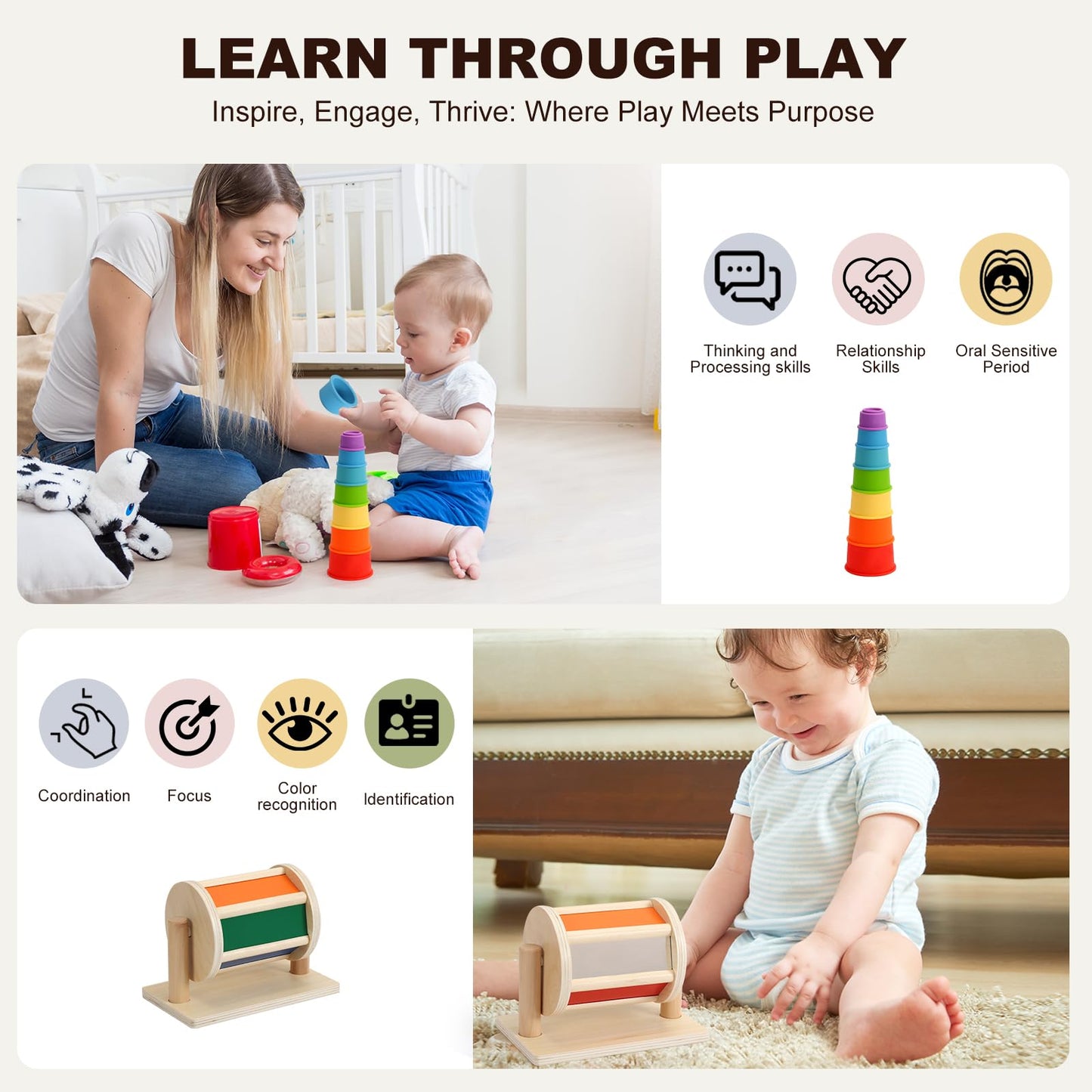 Child-Safe Montessori Educational Sensory Toy Set for Babies and Toddlers 6-12 Months - Must-Have for Early Development - 10 in 1 Wooden Learning Toy kit with Object Permanence Box, Stacking Cups etc