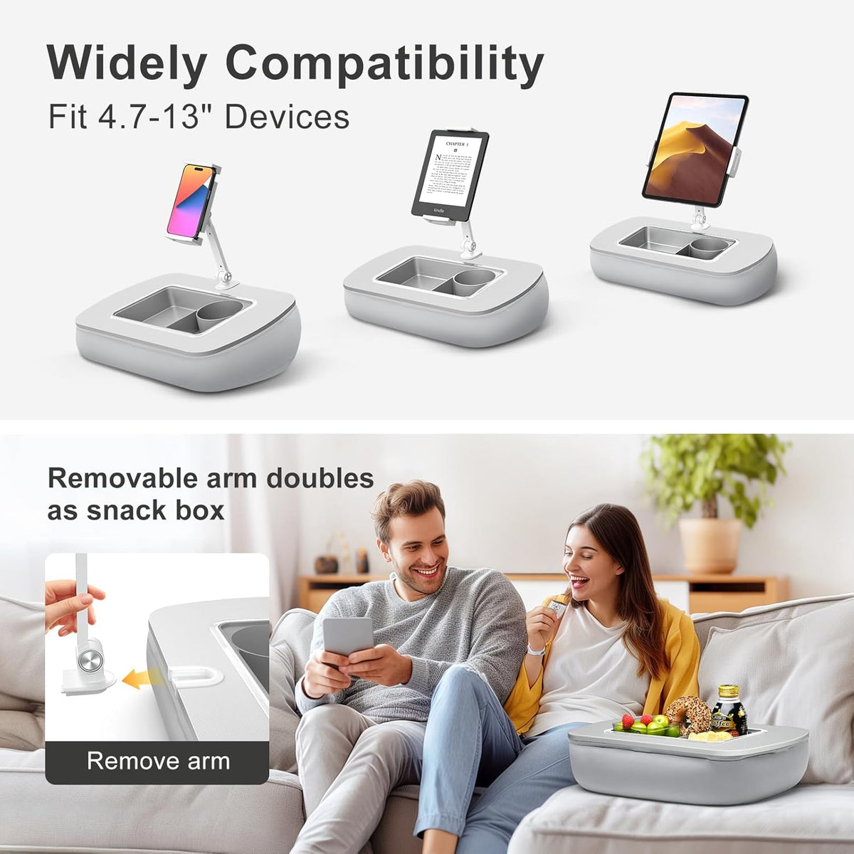 Tablet Stand Pillow with Snack Bowl, iPad Lap Holder for Hands-Free Reading and Relaxation on Bed,Couch,Recliner, 360° Rotating Clip for 4.7-13" Kindle,eBook,Tablet,iPhone (Light Gray)