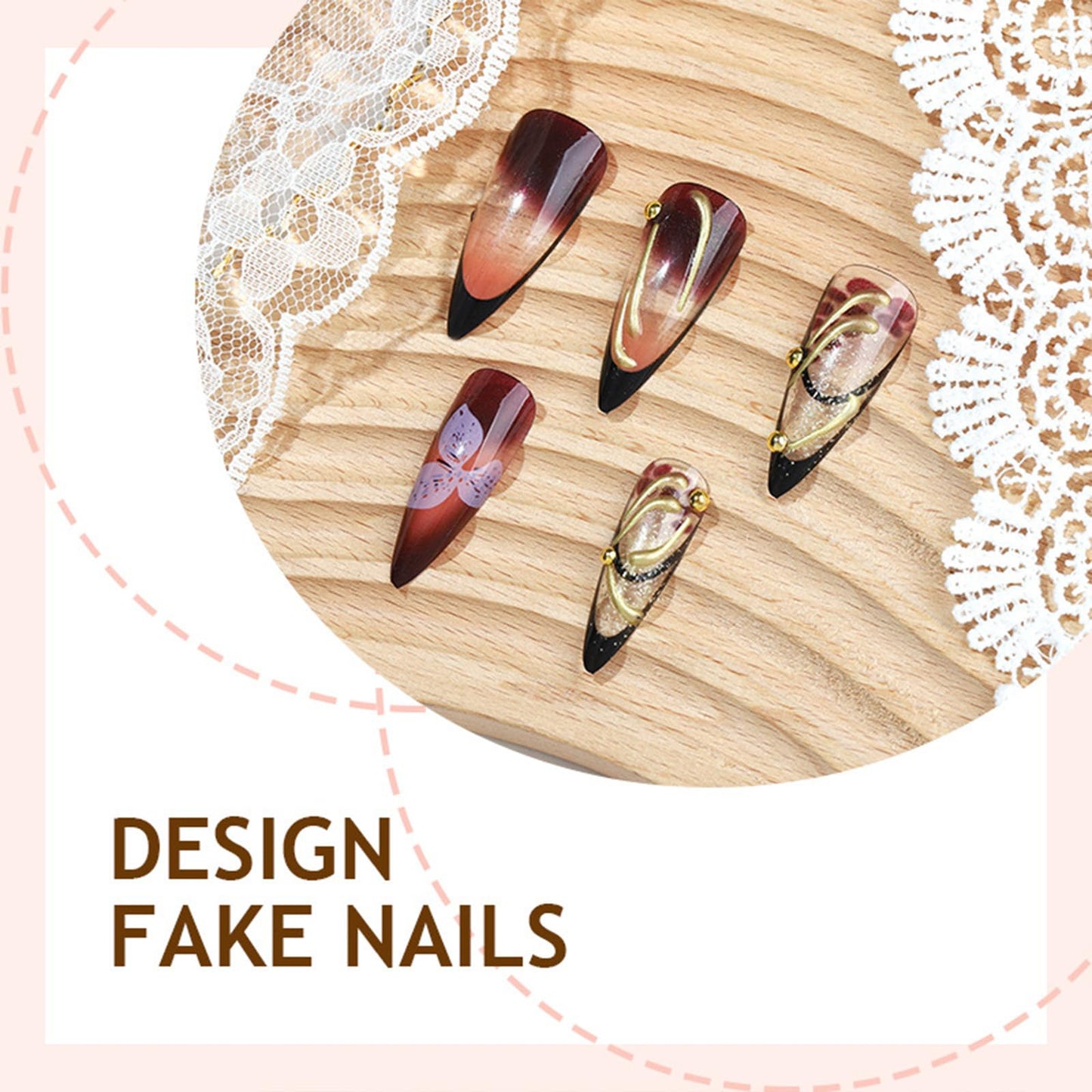 SINHOT Stiletto Press on Nails Long - Long Fake Nails, Glossy Finish, 3D Flowers & Gold Chrome, DIY Artificial False Nail Art - 24 Pcs Nail Kit with Glue
