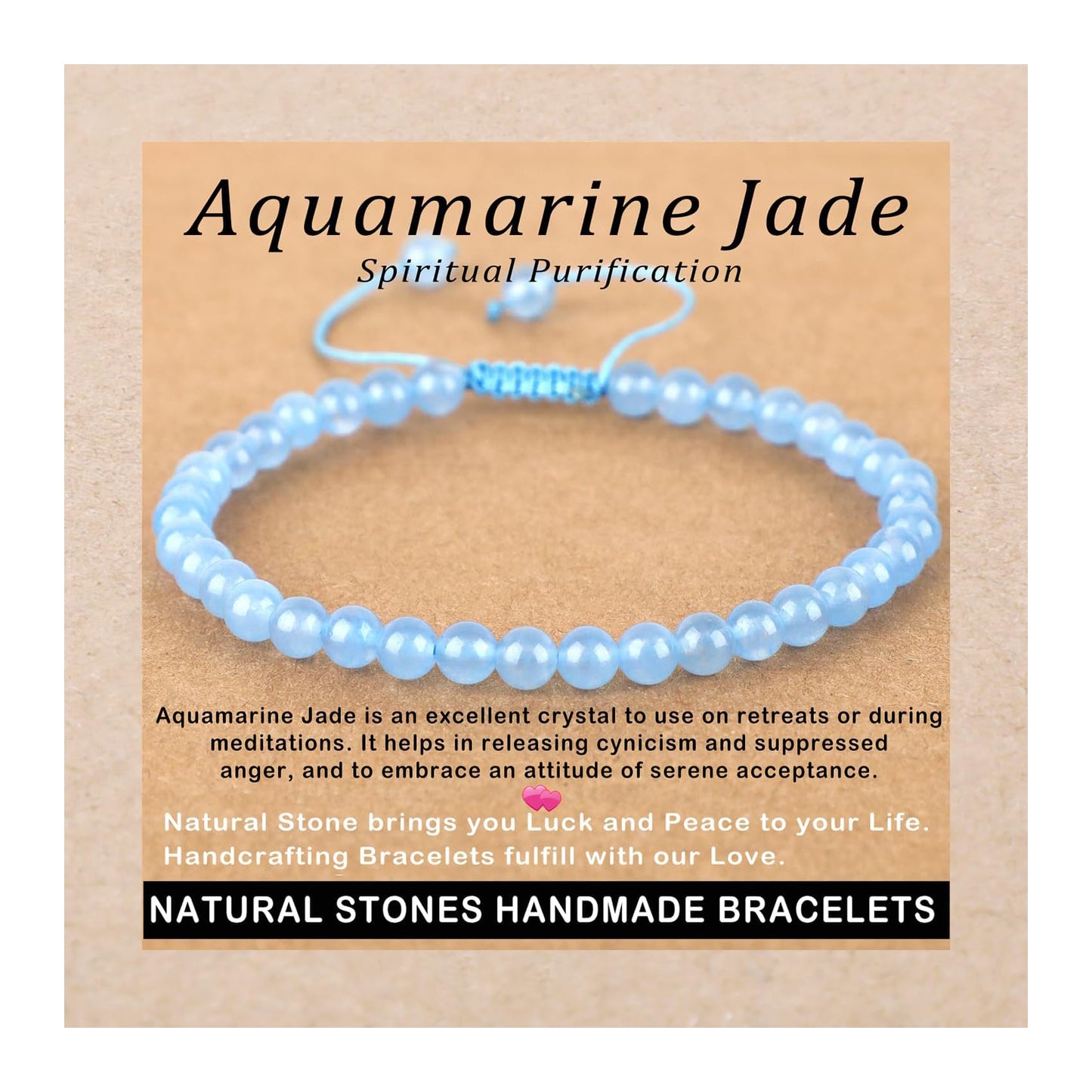 AD Beads 4mm Aquamarine Jade - Spiritual Purification - Handmade Natural Stone Crystal Bracelet with Adjustable Macrame String - Yoga Healing Power Energy Gifts for Men and Women