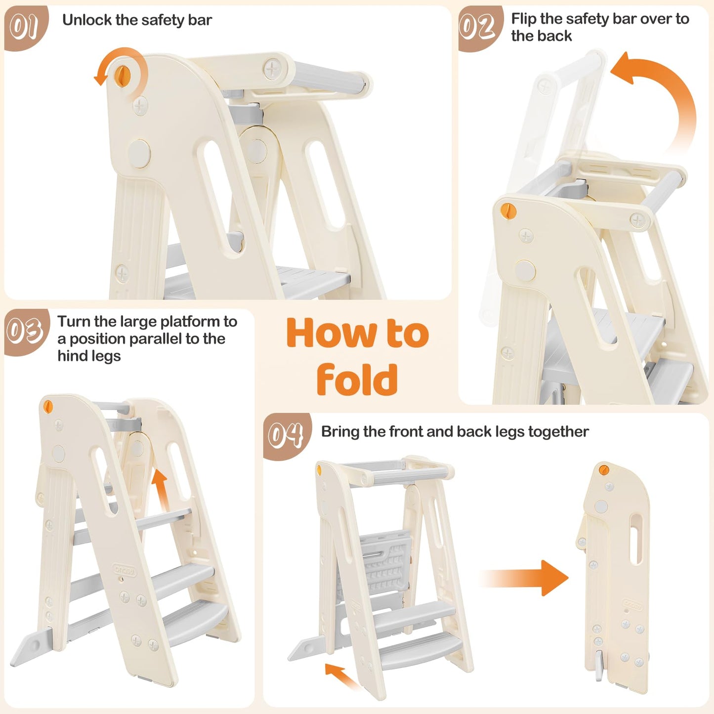 Onasti Foldable Toddler Tower Kitchen Stool Helper, Adjustable Height Learning Standing Tower with Safety Rail, Anti-Slip Steps, Kids Step Stool for Kitchen Counter and Bathroom Sink-Grey