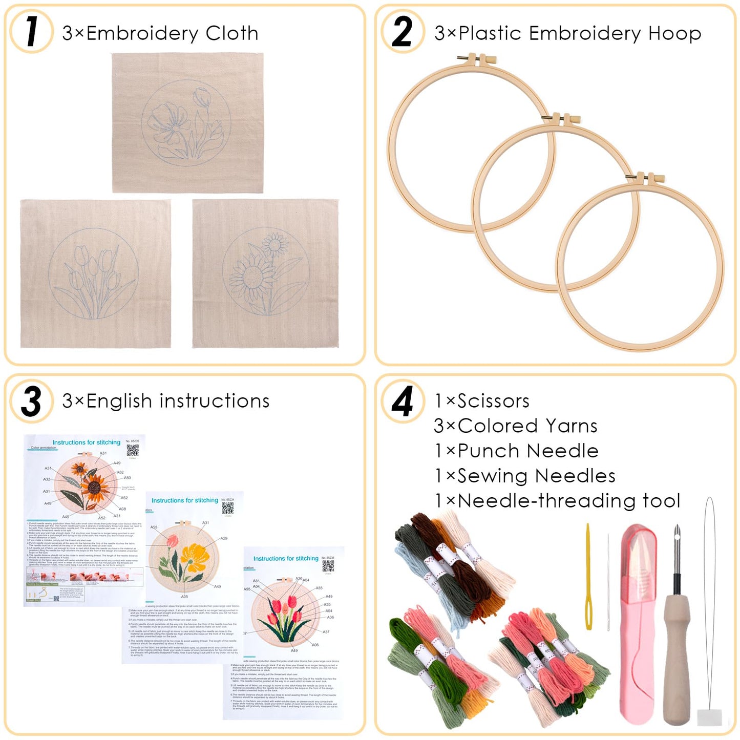 Peotclola Punch Needle Kit for Adults,3 Sets Punch Needle Kits Beginner DIY Embroidery Starter Set with Tools for Home Decoration, Family, Friends Gifts(Flowers)