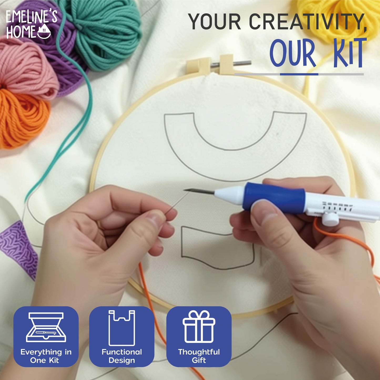 EMELINE'S HOME DIY Stitching Tote Bag Reusable - Punch Needle Kit - Punch Needle Kits Adults Beginner - Includes Printed Tote Bag, Tools, Yarn, Instructions and Video Tutorial