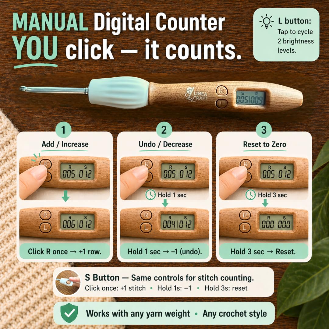 LineaCraft Counting Crochet Hook Set with Light & Counter – 18 Sizes Interchangeable Hooks Kit for Beginners, Light up, Digital Stitch & Row Counter, Ergonomic for Arthritic Hands – Crochet Gift