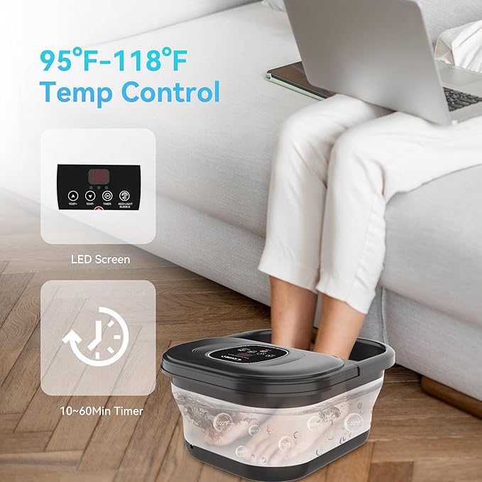 Foot Spa Bath Massager, Collapsible Foot Soaking Tub with Heat, Bubbles, Red Light, Pumice Stone, and Shiatsu Rollers for Relaxation, Gift for Foot Care