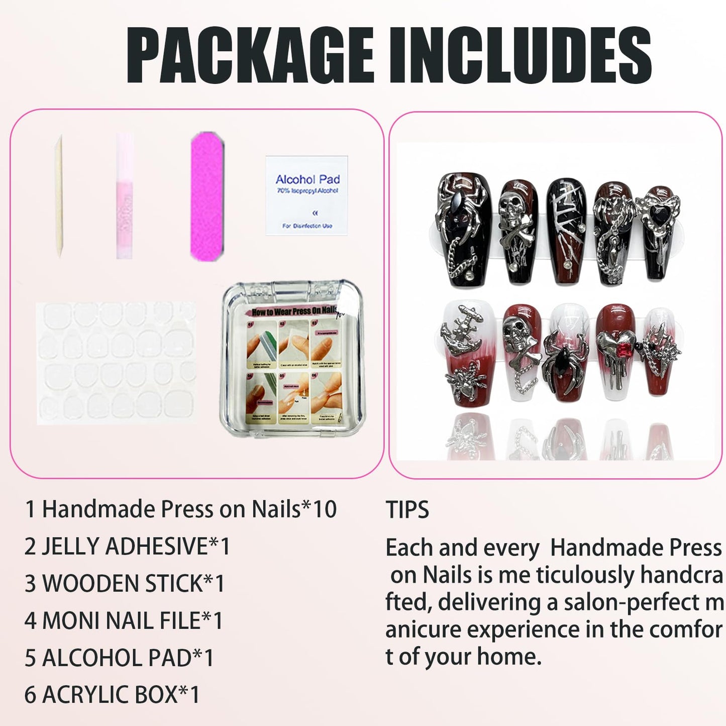 Handmade Skeleton Press On Nails long Coffin Reusable Stick On Fake Nails Luxury Elegant Sexy Style For Women Gift With Nail Glue Red Black S